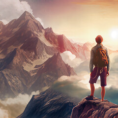 Hiker on top of a tall mountain, landscape, clouds, peak