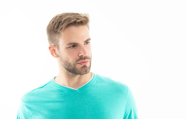 Fototapeta premium face of unshaven man in tshirt, copy space. portrait of unshaven man skincare. studio shot portrait