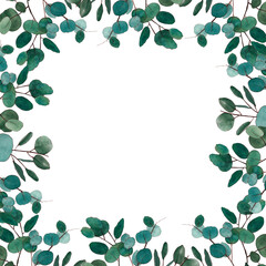 Obraz premium Watercolor clipart of a green eucalyptus frame on a transparent background, hand-drawn on a watercolor paper for cards, invitations, posters, prints and other, PNG file 5000x5000 px at 672 dpi. Raster