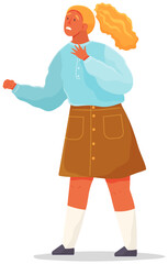 Little girl with scared expression and her hand in defenses position. Scared child isolated on white background. Kid with face in horror looks at something. Cute girl defends against threat