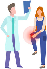 Obraz premium Woman with knee pain is examined at hospital. Doctor examines x-ray of patient to make diagnosis. Person complains to doctor about painful sensations in leg joint. Girl feeling pain in her knee