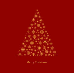 Fototapeta na wymiar Christmas tree made of golden snowflakes on a red background. Christmas greeting card. Vector illustration