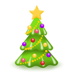 Christmas decorated tree. Green pine or fir tree with golden star, balls and garland isolated on white background. Merry Christmas and Happy New Year. Vector illustration.