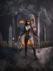 Naklejka premium Beautiful fantasy warrior woman standing on a stone bridge holding deadly weapons with a skull carved from rock at a cave entrance behind her. 3D illustration.