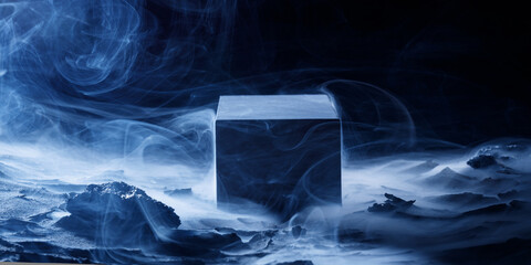 Mystical cube on black background. Panoramic view of abstract fog. Mockup for your logo. Wide angle horizontal web banner. Textured concrete platform, podium or table with smoke in the dark.