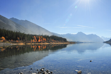 Spray lake in the mountains of  Alberta, orange fall trees reflected in crisp clear lake,