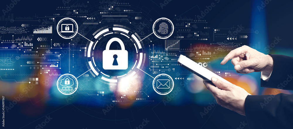 Poster internet network security concept with businessman using a tablet computer at night