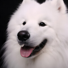 Close up studio photography of a dog head. Samoyed  close up head photography, realistic dog and puppy head on black background.     