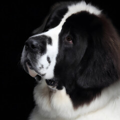 Close up studio photography of a dog head. Landseer ect, Landseer Newfoundland  close up head photography, realistic dog and puppy head on black background.     