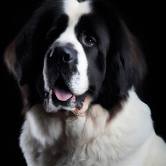 Close up studio photography of a dog head. Landseer ect, Landseer Newfoundland  close up head photography, realistic dog and puppy head on black background.     