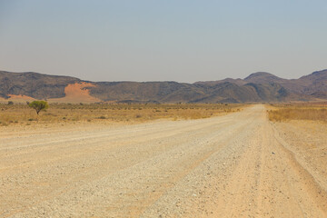 Fototapeta na wymiar Namibian landscape along the gravel road. Sossusvlei, Namibia.