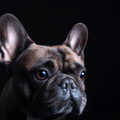 Close up studio photography of a dog head. French Bulldog  close up head photography, realistic dog and puppy head on black background.     