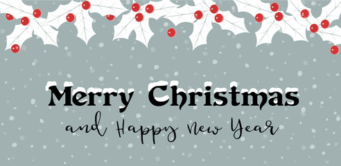 Weihnachtskarte mit Ilex Zweige, Beeren, Schneeflocken, und Wünsche mit verschneitem Text,
Vektor Illustration Banner Hintergrund
