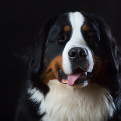 Close up studio photography of a dog head. Bernese mountain dog  close up head photography, realistic dog and puppy head on black background.     