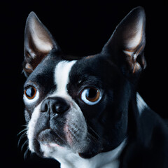 Close up studio photography of a dog head. Boston terrier  close up head photography, realistic dog and puppy head on black background.     