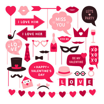 Valentine photo booth props. Vector icon set for Valentine’s day and wedding. Party signs decoration with lips, mustache, heart, speech bubbles, sunglasses, mask. 14th february celebration accessories