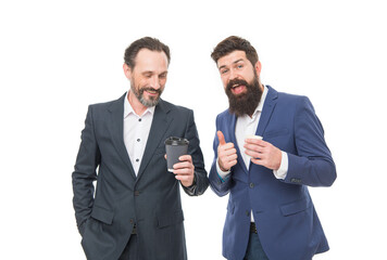 Take a break. Bearded men drink coffee. Enjoying coffee break. Businessman relax during work break. Rest break during working day. Rest and relaxation