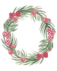Hand drawn watercolor pine wreath with red bows and confetti. Design for cards, invitations, flyers and other holiday decor