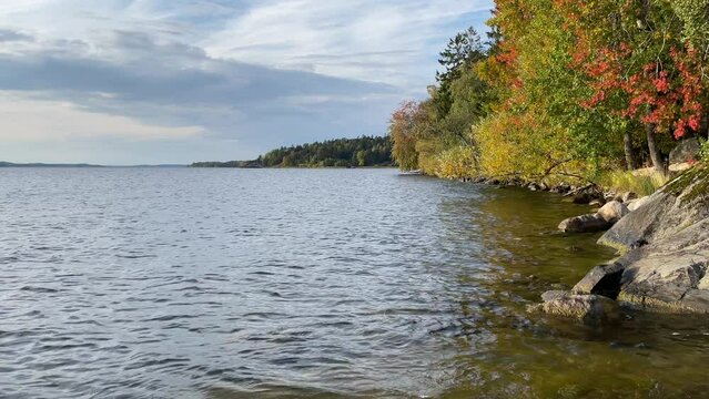 Nature, water and autumn. Swedish fall. Rocky shore. Lake M&auml;laren, next to the Baltic sea. Stockholm, Sweden.