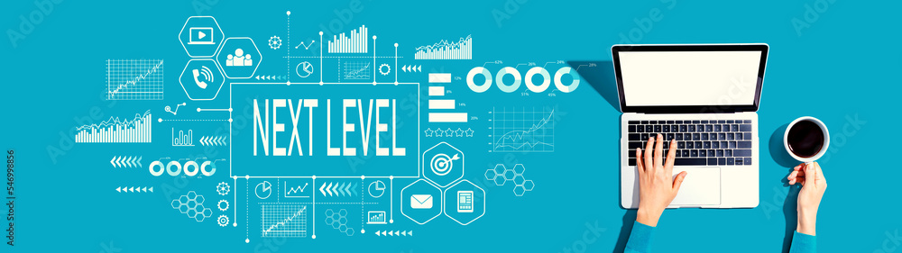 Poster next level concept with person using a laptop computer