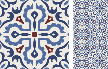 Seamless Azulejo tile. Portuguese and Spain decor. Ceramic tile. Seamless Floral pattern. Vector hand drawn illustration, typical portuguese and spanish tile - 546998831