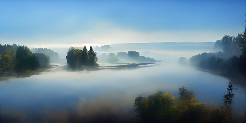 Fototapeta na wymiar Beautiful landscape, mist over a lake