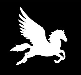 Cute magic Pegasus vector silhouette illustration isolated on black background. Pegasus shape shadow, majestic mythical Greek winged horse. Mythology flying Horse from dream. Symbol of freedom.