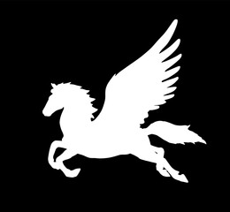 Cute magic Pegasus vector silhouette illustration isolated on black background. Pegasus shape shadow, majestic mythical Greek winged horse. Mythology flying Horse from dream. Symbol of freedom.