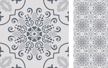 Seamless Azulejo tile. Portuguese and Spain decor. Ceramic tile. Seamless Floral pattern. Vector hand drawn illustration, typical portuguese and spanish tile