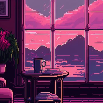 View from a window to evening landscape. Romantic cozy scene. Pixelated Valentine's Day card in pink colors. Retro pixel art in a style of 80's. Digital painting illustration.