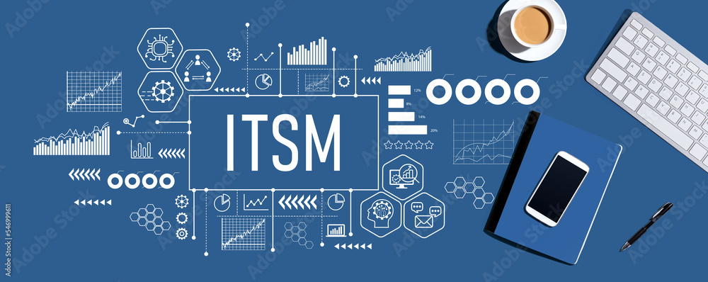 Poster itsm - information technology service management theme with a computer keyboard and office items