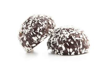 Coconut chocolate balls isolated on white background.