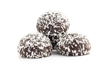 Coconut chocolate balls isolated on white background.
