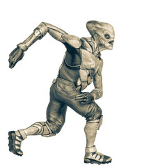 official alien on a sci-fi outfit walking in a white background