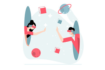 Metaverse concept with people scene in flat design. Man and woman wearing VR headset communicates with hologram avatars and playing in simulation. Illustration with character situation for web