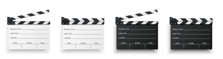 Fototapeta na wymiar Realistic movie clapper board set. White, black and open, closed clapboards. Filmmaking, video production industry equipment. Movie, cinema, film symbol concept. Director clapboard. Vector