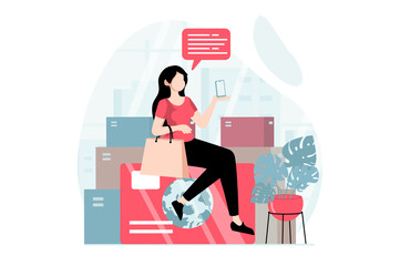 Mobile commerce concept with people scene in flat design. Woman makes online purchases, orders goods and paying with credit card in mobile app. Illustration with character situation for web