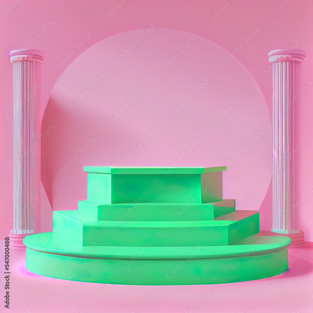 Poster 3d render image green podium with pink background product display advertisement.