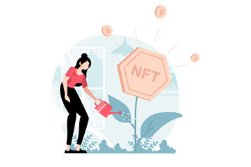 NFT token concept with people scene in flat design. Woman watering tree with non fungible token symbol and developing her business at marketplaces. Illustration with character situation for web