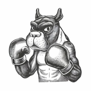 Sketch illustration of a black dog with boxing gloves, standing confidently, on a white background