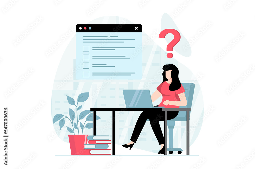 Poster online survey concept with people scene in flat design. woman thinking and marking answers in questi
