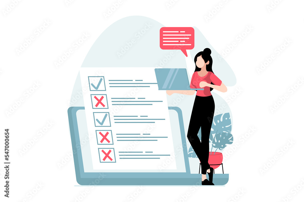 Leinwandbilder online survey concept with people scene in flat design. woman marking answers in questionnaire, fill