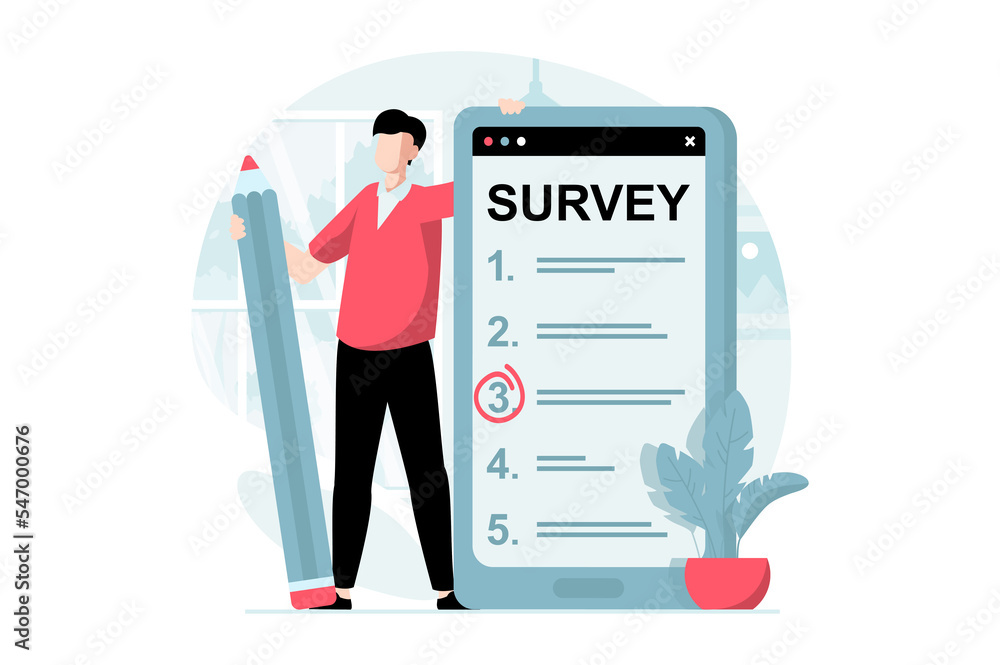 Poster Online survey concept with people scene in flat design. Man marking answers in questionnaire, filling digital form for test using mobile app. Illustration with character situation for web