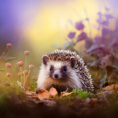 Hedgehog in the wild in summer, illustration.