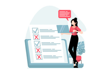 Online survey concept with people scene in flat design. Woman marking answers in questionnaire, fills voting form, leaving her user experience. Illustration with character situation for web