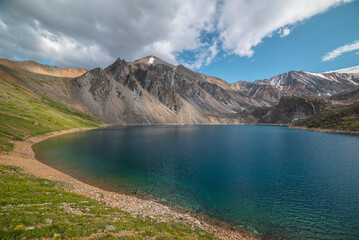 Deep mountain lake of phantom blue color among high mountains with pointed peak in changeable weather. Wonderful dramatic view to deep blue mountain lake among sunlit sharp rocks under cloudy sky.