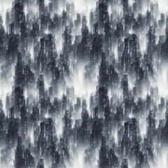 Seamless illustration in cold colors with dark silhouettes of buildings, formed by horizontal and vertical lines and light windows. Seamless pattern depicting a city landscape in blue fog.