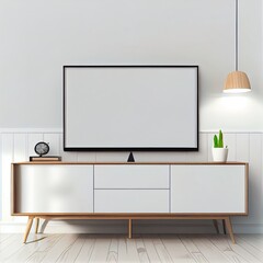 TV on the cabinet in modern living room on white wall background,3d rendering