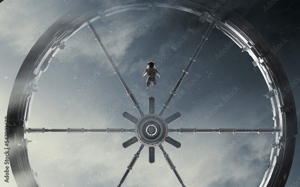 Wall mural 3d illustration of astronaut near space station. 5k realistic science fiction art. elements of image