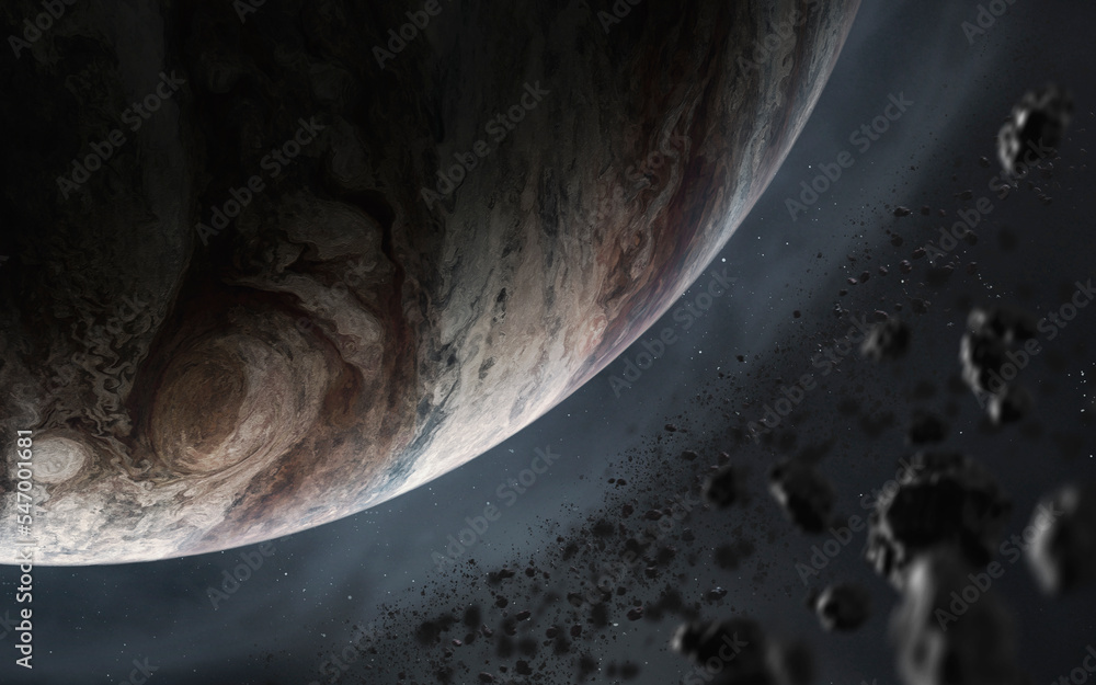 Wall mural 3d illustration of jupiter with asteroid field. 5k realistic science fiction art. elements of image 